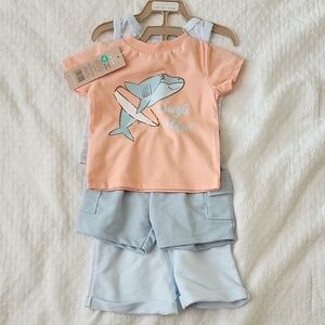 Kids Shark Print Matching 4Pc Set - Peach and Light Blue